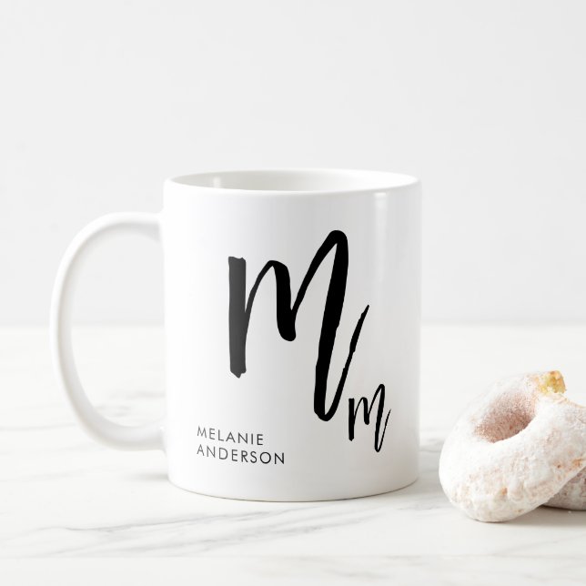 Mug Monogramme de script noir et blanc (Avec donut)