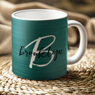 Mug Monogramme de script noir et blanc en métal brossé