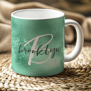 Mug Monogramme de script tendance Glam Mint Green