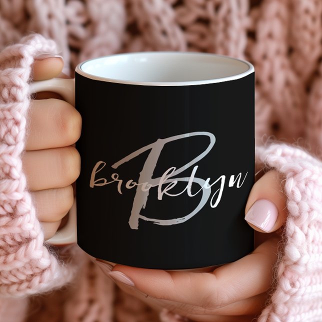 Mug Monogramme de script tendance noir blanc gris (Créateur téléchargé)