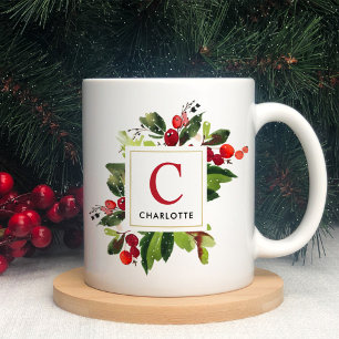 Mug Monogramme de verdure de Noël Rouge Élégant
