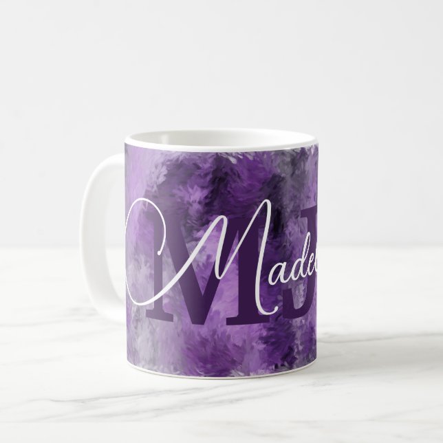 Mug Monogramme d'impressions violettes avec nom (Devant gauche)