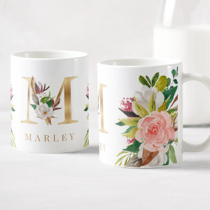 Mug Monogramme d'or Aquarelle Florale Botanique
