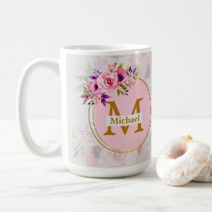 Mug Monogramme doré floral élégant Nom & Initiale