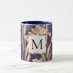 Mug Monogramme doré floral iris violet romantique