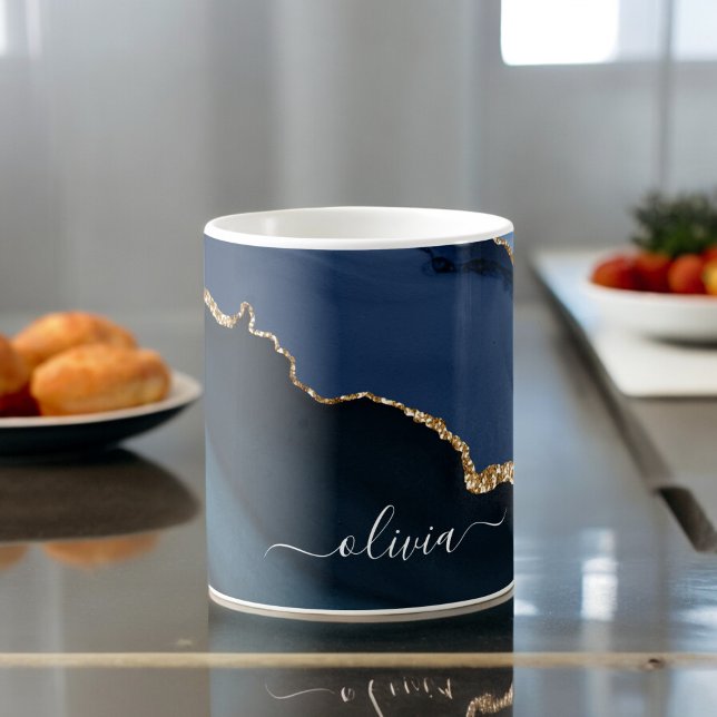 Mug Monogramme doré géode d'agate bleu marine (Créateur téléchargé)