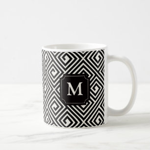 Mug Monogramme élégant à motif grec clé noir et blanc