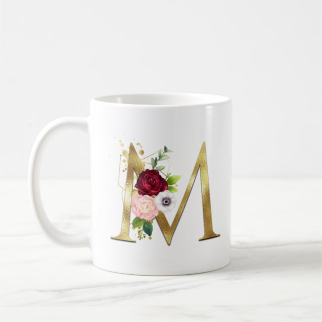 Mug Monogramme élégant de lettre M en or rose burgogne (Gauche)