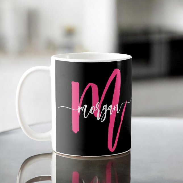 Mug Monogramme élégant moderne rose chaud noir (Créateur téléchargé)