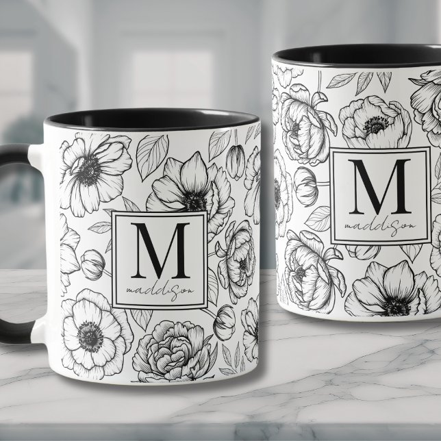 Mug Monogramme élégant noir et blanc (Elegant Black White Monogram Mug)