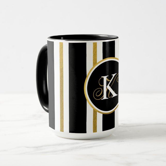 Mug Monogramme Elégant Noir & Or Personnalisé (Devant gauche)