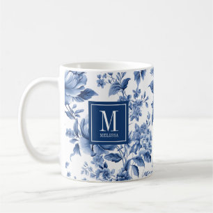 Mug Monogramme Élégant Rose Florale Bleu Blanc
