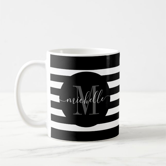 Mug Monogramme en bande noire Script moderne élégant (Gauche)