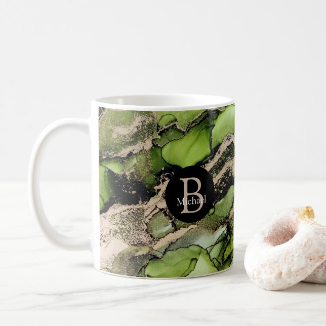 Mug Monogramme Encre d'alcool Noir Vert Or (Avec donut)