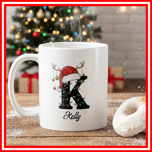 Mug Monogramme Famille Noël Antlers Santa Hat PHOTO
