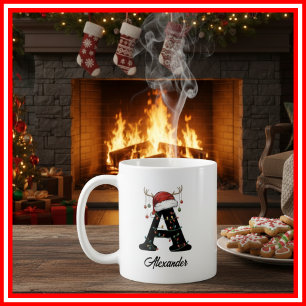 Mug Monogramme Famille Noël Antlers Santa Hat PHOTO