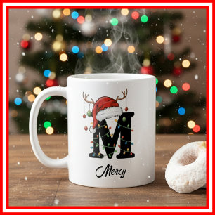 Mug Monogramme Famille Noël Antlers Santa Hat PHOTO