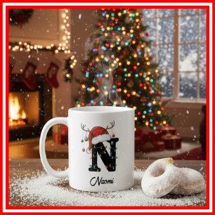 Mug Monogramme Famille Noël Antlers Santa Hat PHOTO