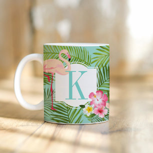 Mug Monogramme Flamant rose tropical et fleurs d'Hibis