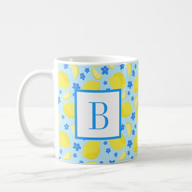 Mug Monogramme Fleur Bleu Citron initial personnalisé (Gauche)