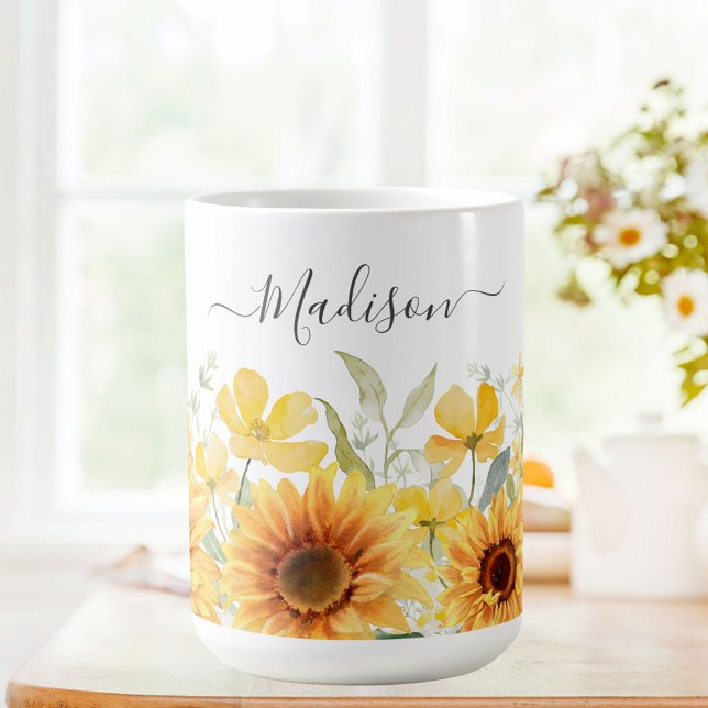 Mug Monogramme Fleur Jaune Tournesol Floral Botanique (In situ)