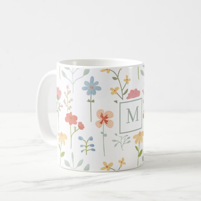 Mug Monogramme fleur sauvage Floral (Devant gauche)
