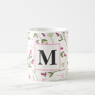 Mug Monogramme Fleur sauvage rose et vert à longue tig