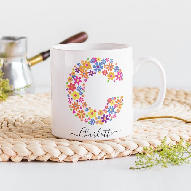 Mug Monogramme Fleurs Texte Personnalisé - Lettre Flor (Créateur téléchargé)