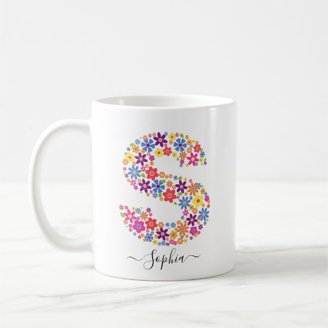 Mug Monogramme Fleurs Texte Personnalisé - Lettre Flor (Gauche)