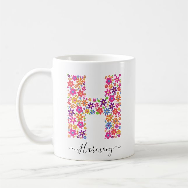 Mug Monogramme Fleurs Texte Personnalisé - Lettre Flor (Gauche)