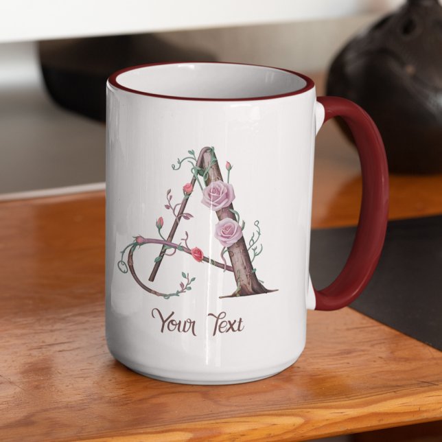 Mug Monogramme floral A personnalisé avec Roses et éco (Créateur téléchargé)