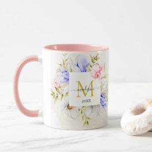 Mug Monogramme floral aquarelle bleu et rose