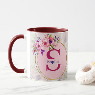 Mug Monogramme floral aquarelle I Cadeau avec nom pers