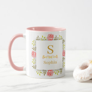 Mug Monogramme floral aquarelle I Initiale dorée perso