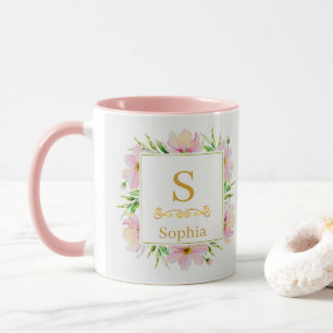 Mug Monogramme floral aquarelle I Initiale dorée perso