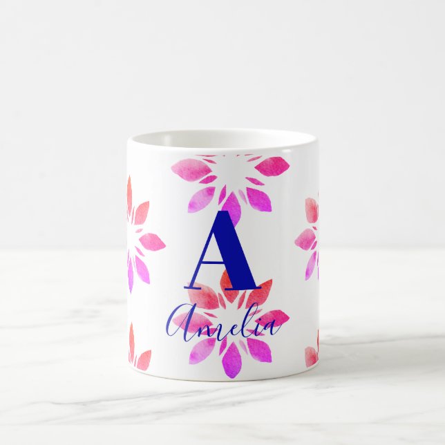 Mug Monogramme Floral Aquarelle Rétro Motif rose chaud (Centre)