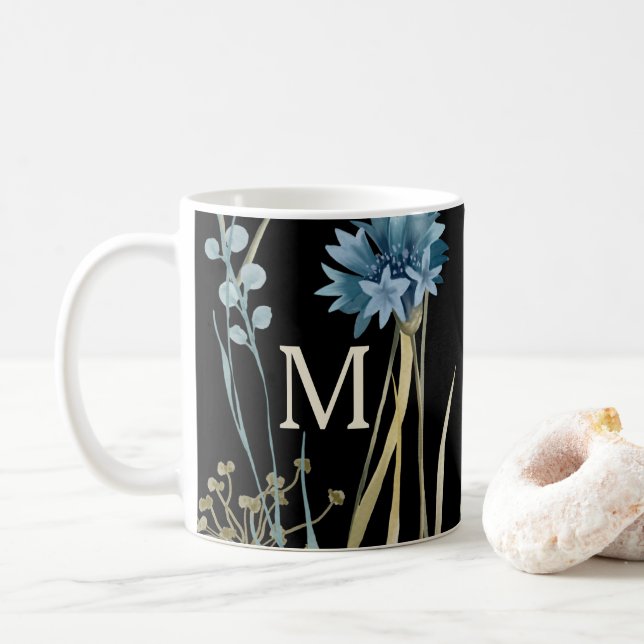 Mug Monogramme Floral Bleu Lumière Or sur Noir (Avec donut)