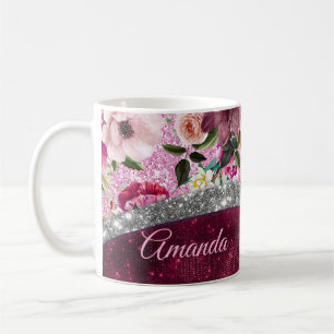 Mug monogramme floral Burgundy rose argent faux partie