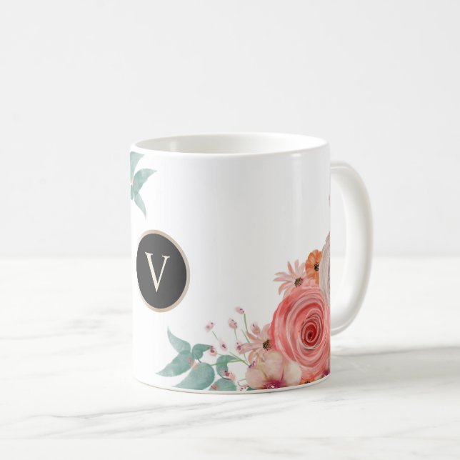 Mug Monogramme floral de rose rouge personnalisé (Devant droit)