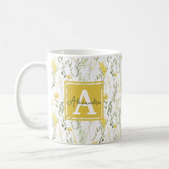 Mug Monogramme floral Fleur sauvage moderne, jaune vif (Gauche)