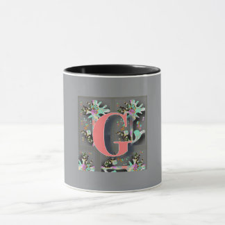 Mug Monogramme Floral G Noir Intérieur Gris Extérieur 