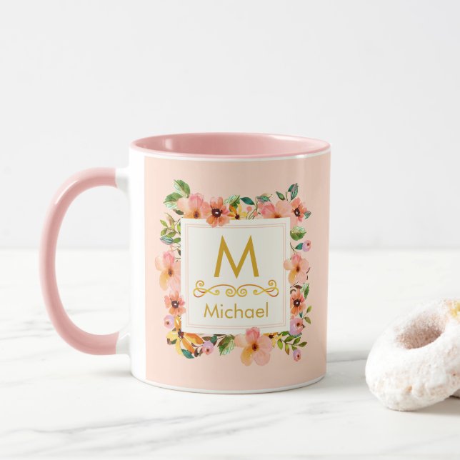 Mug Monogramme Floral I Nom Personnalisé & Cadeau Init (Avec donut)