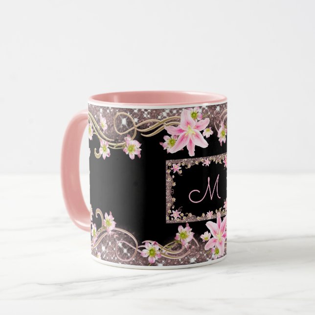Mug Monogramme Floral Noir (Devant gauche)
