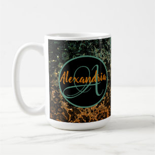 Mug Monogramme floral orange et vert noir