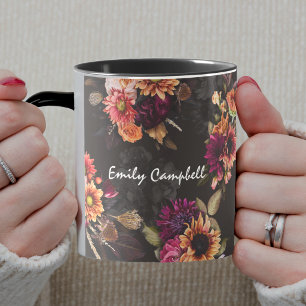 Mug Monogramme floral orange fuchsia élégant