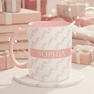 Mug Monogramme floral personnalisé rose et or féminin