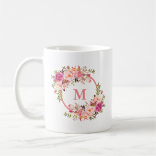 Mug Monogramme floral rose aquarelle
