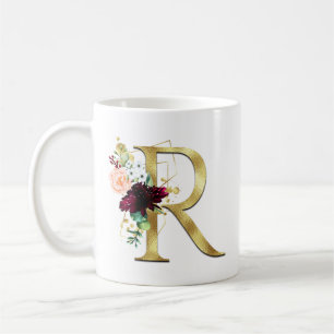 Mug Monogramme floral rose avec lettre R dorée élégant