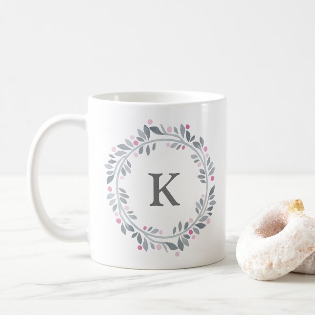 Mug Monogramme floral rose gris (Avec donut)