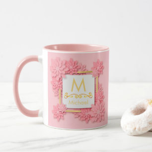 Mug Monogramme floral rose I Initiale et nom personnal